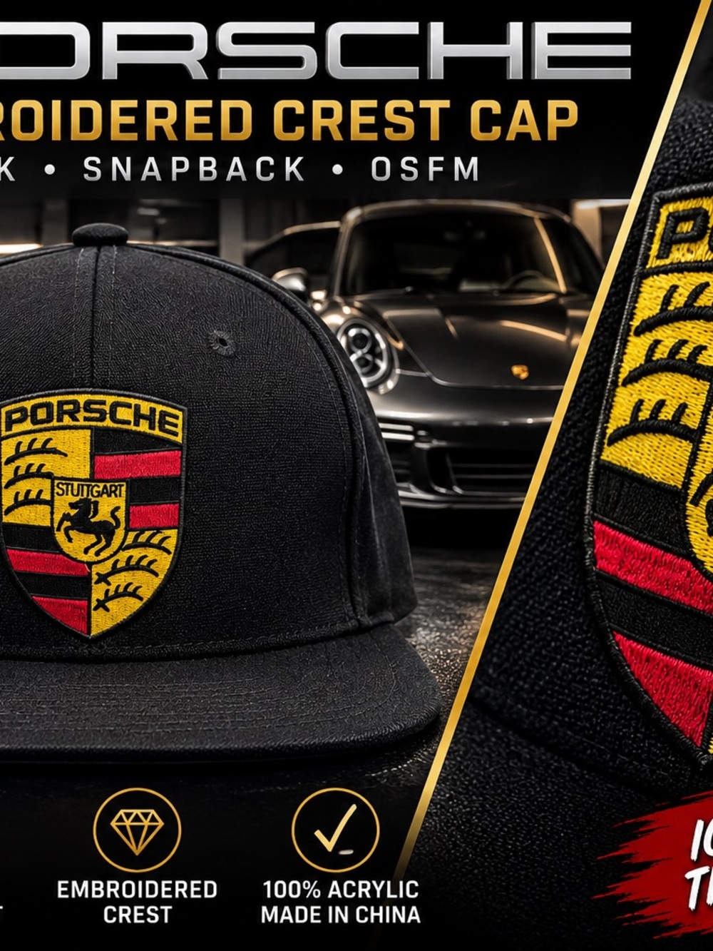 Porsche Stuttgart Crest Snapback Hat Black Embroidered Logo Cap OSFM